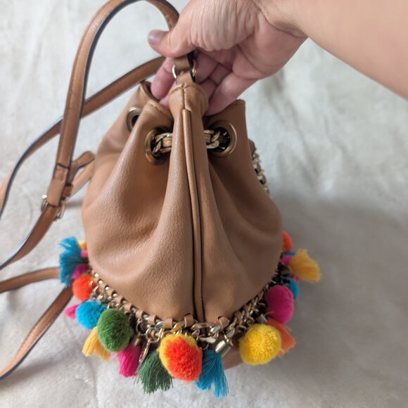 ALDO pom pom tassel bucket purse - tan and colorful - Picture 5 of 12